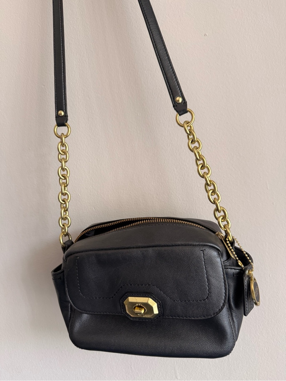 Coach Black Leather Crossbody with Gold Chain Strap